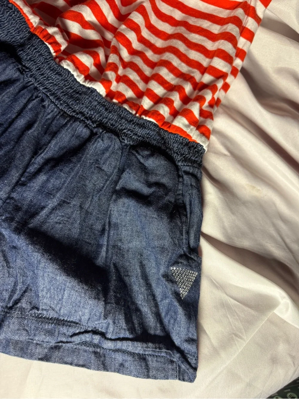 Guess Red & White Striped Top with Denim-Look Bottom Romper. One piece. Kids 7